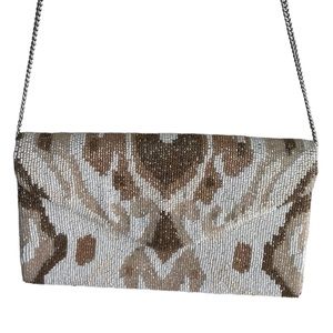 Vintage Ikat Beaded Clutch with Shoulder Chain - Cream, Tan & Gold